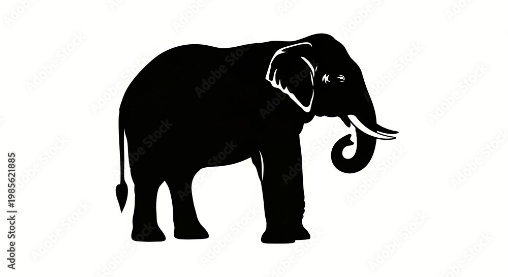 Fototapeta premium Silhouette of a majestic elephant standing with its trunk curled, captured in a striking black and white illustration