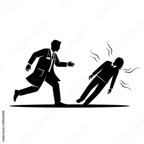 Businessman chasing, stressed employee, office stress, work anxiety, black silhouette, vector icons