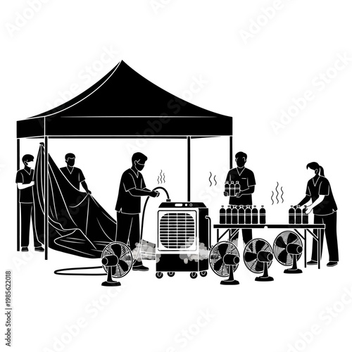 Black and white vector illustration, food festival preparation, outdoor event setup, vendor stall, cooking, catering