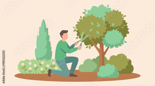 Man pruning a tree with garden shears, gardening hobby flat illustration
