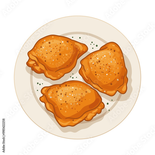 golden fried dumplings on white plate flat design vector illustration