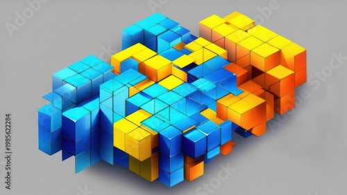 Wallpaper Mural Abstract 3D Cubes Composition with Blue, Yellow, and Orange Colors. Torontodigital.ca