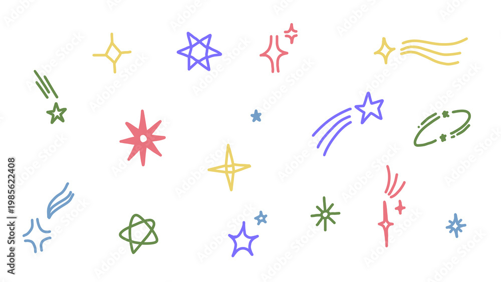 Fototapeta premium Colorful Hand-Drawn Star Doodles Set on White Background - Vector Illustration, Decorative Sky Elements, Transparent