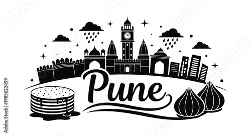 Panoramic view of Pune city skyline with iconic buildings and lush green surroundings at sunset