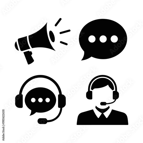 Vector graphic of customer service icons including a megaphone and headset with a speech bubble