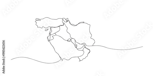 single line middle east map.continuous line drawing of blank outline map of middle east region.geography and regional concept.one line vector illustration.