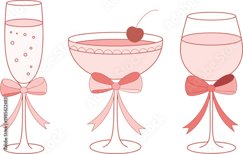 Elegant cocktail glasses set with decorative bows and cherry garnish, festive drink vector illustration collection