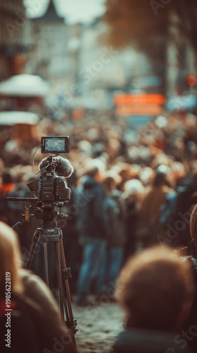 Camera filming crowd during live news coverage in city