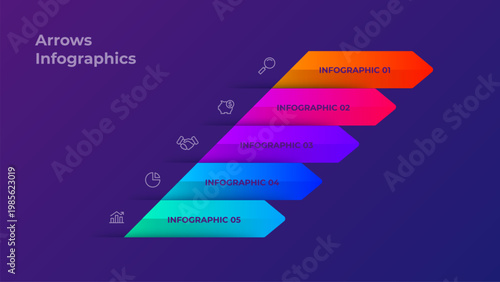 Diagonal Arrow Infographic Template with Five Gradient Business Steps on Purple Background