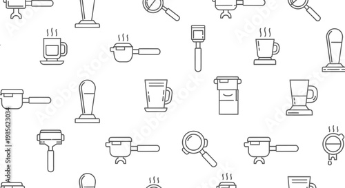 Minimalist Seamless Pattern Background with Barista Coffee Tools, Modern Line Art Texture Design of Portafilter and Tamper, Clean Cafe Equipment Branding Illustration