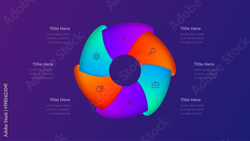 Six Segment Circular Infographic Template with Gradient Loop Workflow on Purple Background