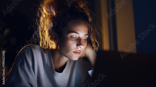 Tired young woman working late on laptop at night, dim lighting, soft shadows, emotional realistic scene, minimal interior