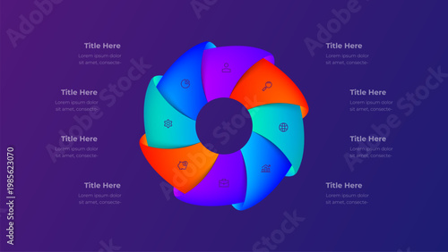 Eight Segment Circular Infographic Template with Gradient Workflow Cycle on Purple Background
