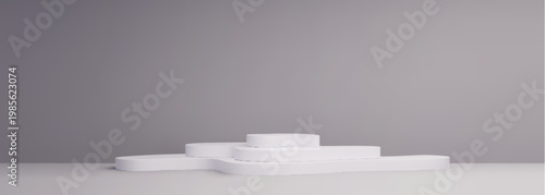 White 3D modern podium platform for product display with minimalist studio background and soft shadow. Realistic vector mockup, abstract stairs stand for elegant presentation backdrop, geometric steps