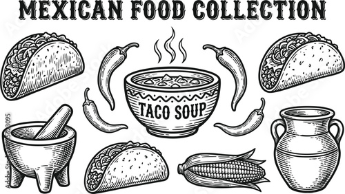 Mexican food collection vintage hand drawn sketch elements with tacos soup corn peppers and mortar pestle illustrations.
