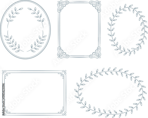 Elegant decorative frames set with floral wreath borders, vintage oval and rectangle shapes vector illustration