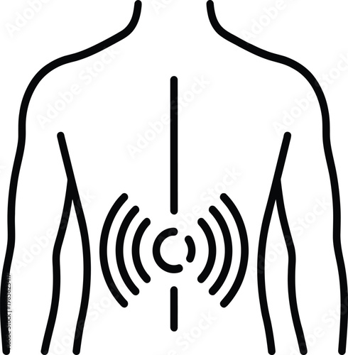 Back pain icon representing spinal ache and lower back discomfort with radiating circles on human torso body silhouette.