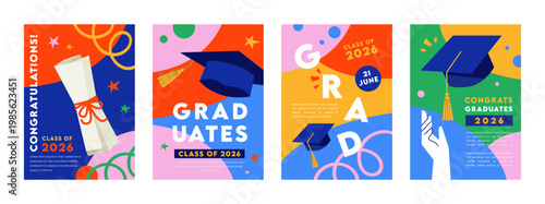 Modern Flat Graduation Portrait Templates Set for Instagram Stories and Posters with Copy Space