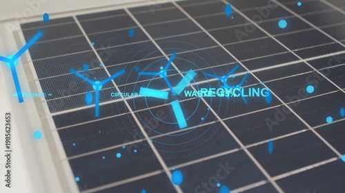 Solar panel receiving overlay activating, showing rotating rotor, sliding RECYCLING and WASTE -85%