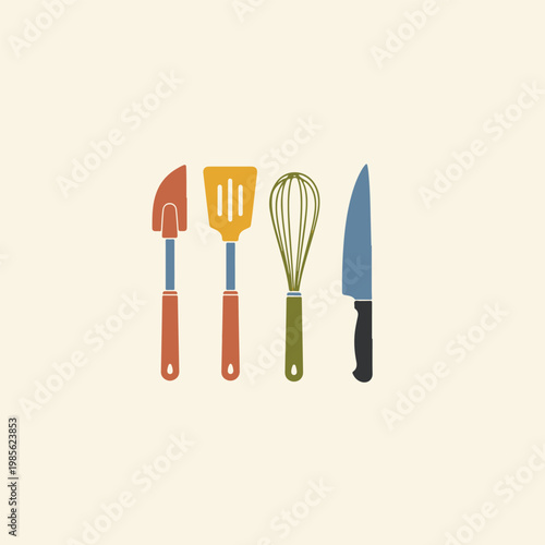 Flat Kitchen Utensils Set – Spatula, Turner, Whisk and Knife in Minimalist Style