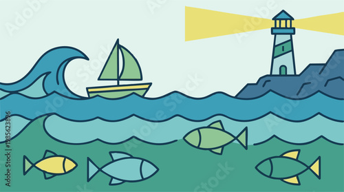 Lighthouse and sailboat on the ocean with swimming fish illustration