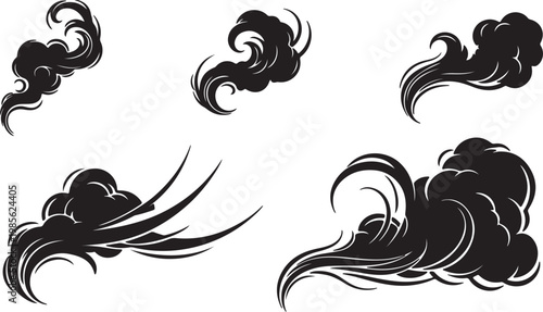 Japanese style clouds and smoke swirls, black ink oriental wind elements, traditional asian decorative cloud set, vintage comic steam vector