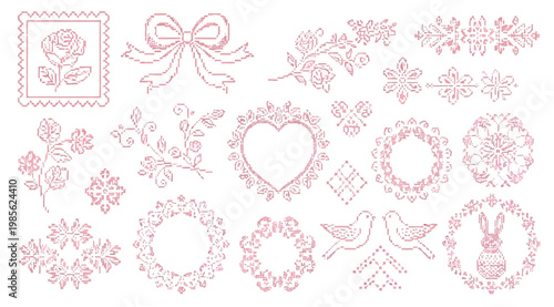 Set of decorative cross stitch elements, floral motifs, bows, hearts, and wreaths in pink color