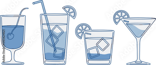 Refreshing cocktail drinks vector illustration, assorted beverages glasses with ice lemon garnish outline style set