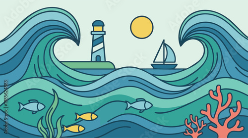 Minimalist ocean landscape with lighthouse, sailboat, large waves, and marine life