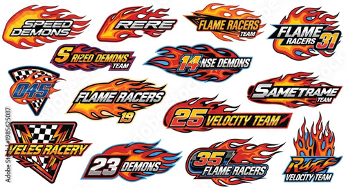 Collection of fiery racing team logos and emblems with flames.