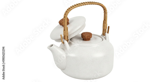 Speckled White Ceramic Teapot with Rattan Handle and Wood Knob