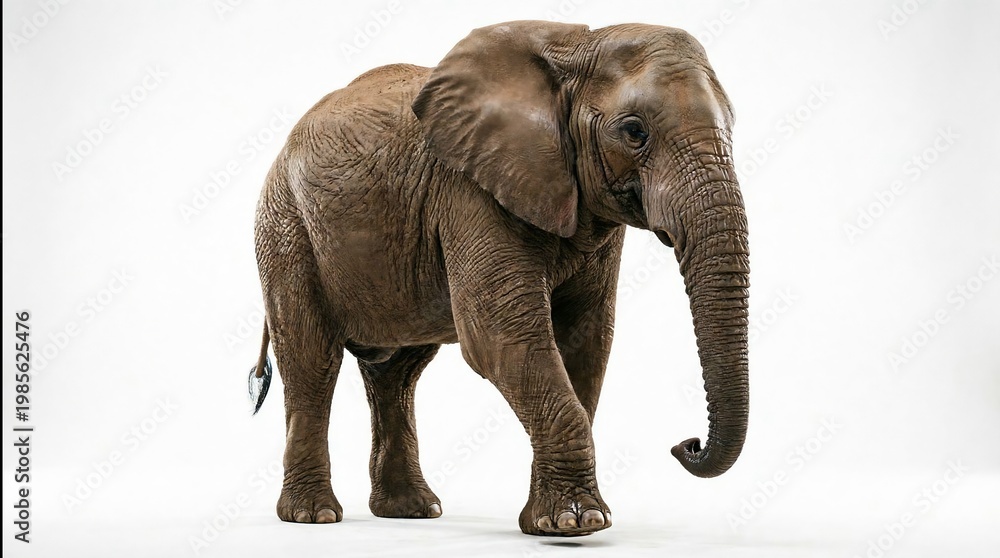 Obraz premium Majestic African Elephant Walking with Curved Trunk Isolated on White Background