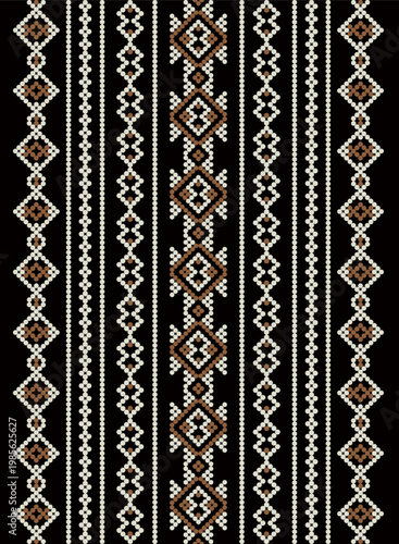 Traditional geometric ethnic pattern with diamond motifs in vertical stripes. Inspired by tribal textile design, featuring symmetrical shapes in black, white, and brown tones. Suitable for background,