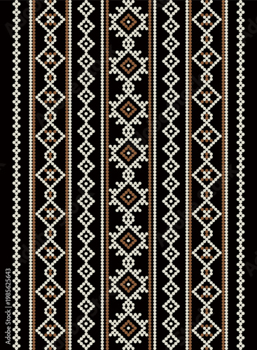 Traditional geometric ethnic pattern with diamond motifs in vertical stripes. Inspired by tribal textile design, featuring symmetrical shapes in black, white, and brown tones. Suitable for background,