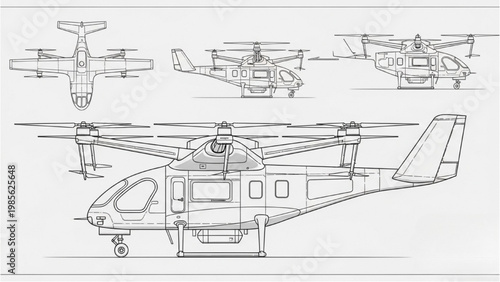 Detailed vector 2D CAD drawings showcase a helicopter from multiple angles.