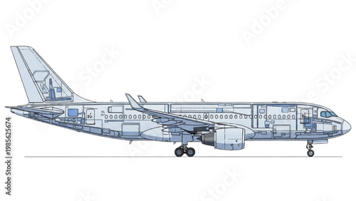 Detailed vector 2D CAD illustration of an airplane's interior and exterior
