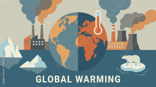 Global Warming Concept: Earth with Factories, Thermometer, and Melting Ice