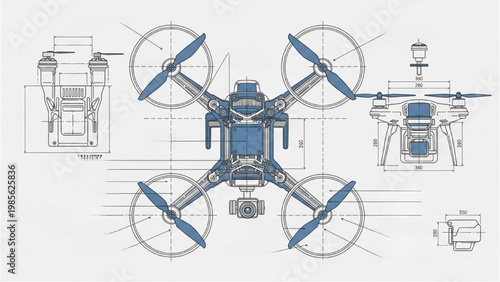 Detailed vector 2D CAD drawings of a drone with blue accents and technical specifications