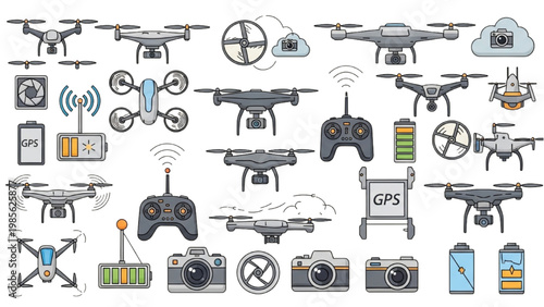 Vector 2D CAD designs showcase various drones and controllers in technology settings.