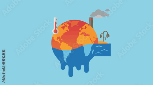 Global warming and climate change illustration with melting Earth and pollution