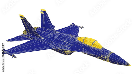 Vector 2D CAD drawing of a blue and yellow fighter jet flying