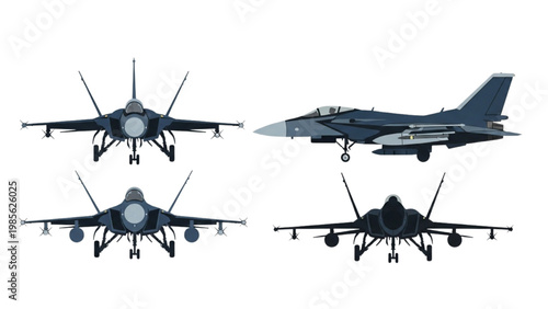 Military vector 2D CAD designs of four fighter jets in various angles and positions.