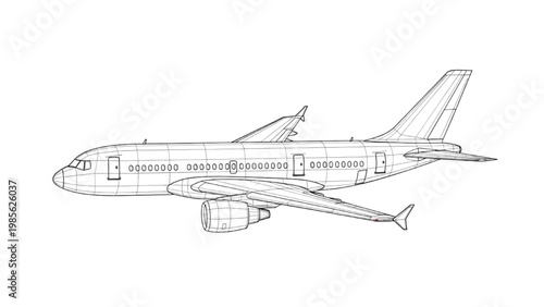 Detailed vector 2D CAD illustration of airplane exterior