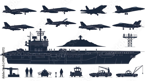 Vector 2D CAD drawings of aircraft and naval vessels in a military setting