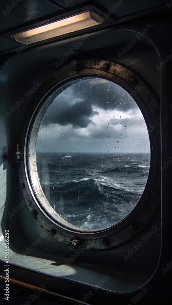 Naklejka premium Ocean view through a ship window during a storm with heavy rain
