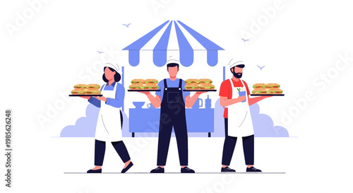 Food Vendors at Outdoor Market with Sandwiches and Blue Canopy