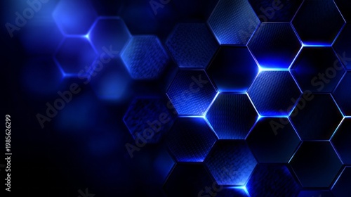 Hexagonal shapes glow softly in various shades of blue, forming a striking pattern that exudes a sense of depth and tranquility. This vibrant design captivates with its contemporary flair