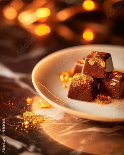 Luxury still life of gourmet chocolate with gold flakes on an elegant plate, set on marble with soft warm lighting and shallow depth of field, ultra-realistic food photography.