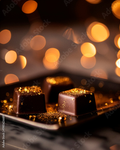 Luxury still life of gourmet chocolate with gold flakes on an elegant plate, set on marble with soft warm lighting and shallow depth of field, ultra-realistic food photography.