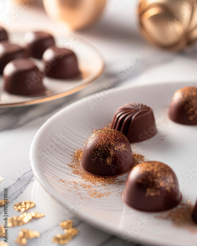 Luxury still life of gourmet chocolate with gold flakes on an elegant plate, set on marble with soft warm lighting and shallow depth of field, ultra-realistic food photography.